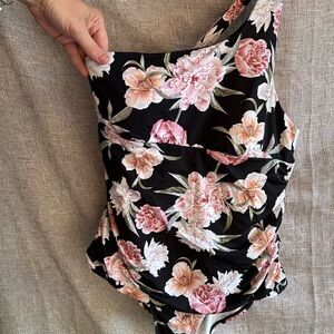Floral Black and Pink Alex Marie  One shoulder Swimsuit